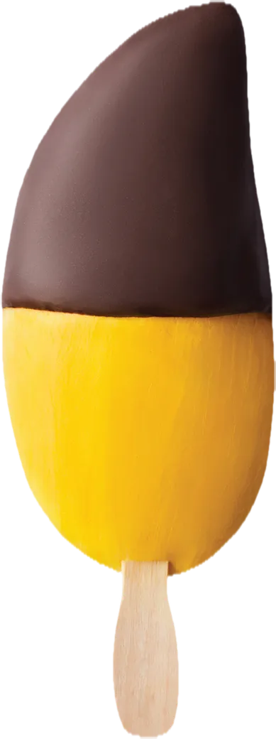 שלגון מנגו של FRUZ, חציו טבול בשוקולד